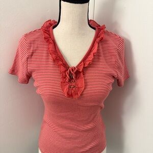 Ralph Lauren Women's Striped Ruffle Neck Top - Red size Small P